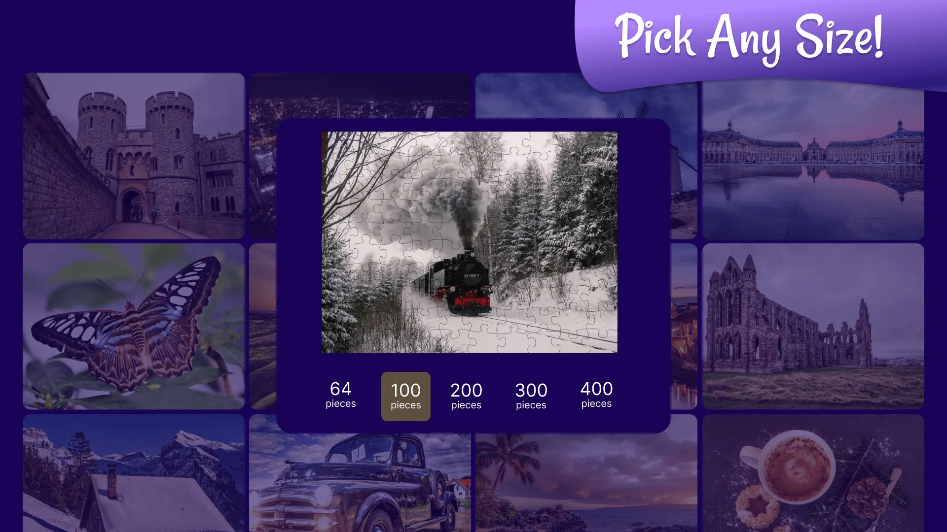 Jigsaw Puzzle Quest: screenshot of the number of pieces in the puzzle picker